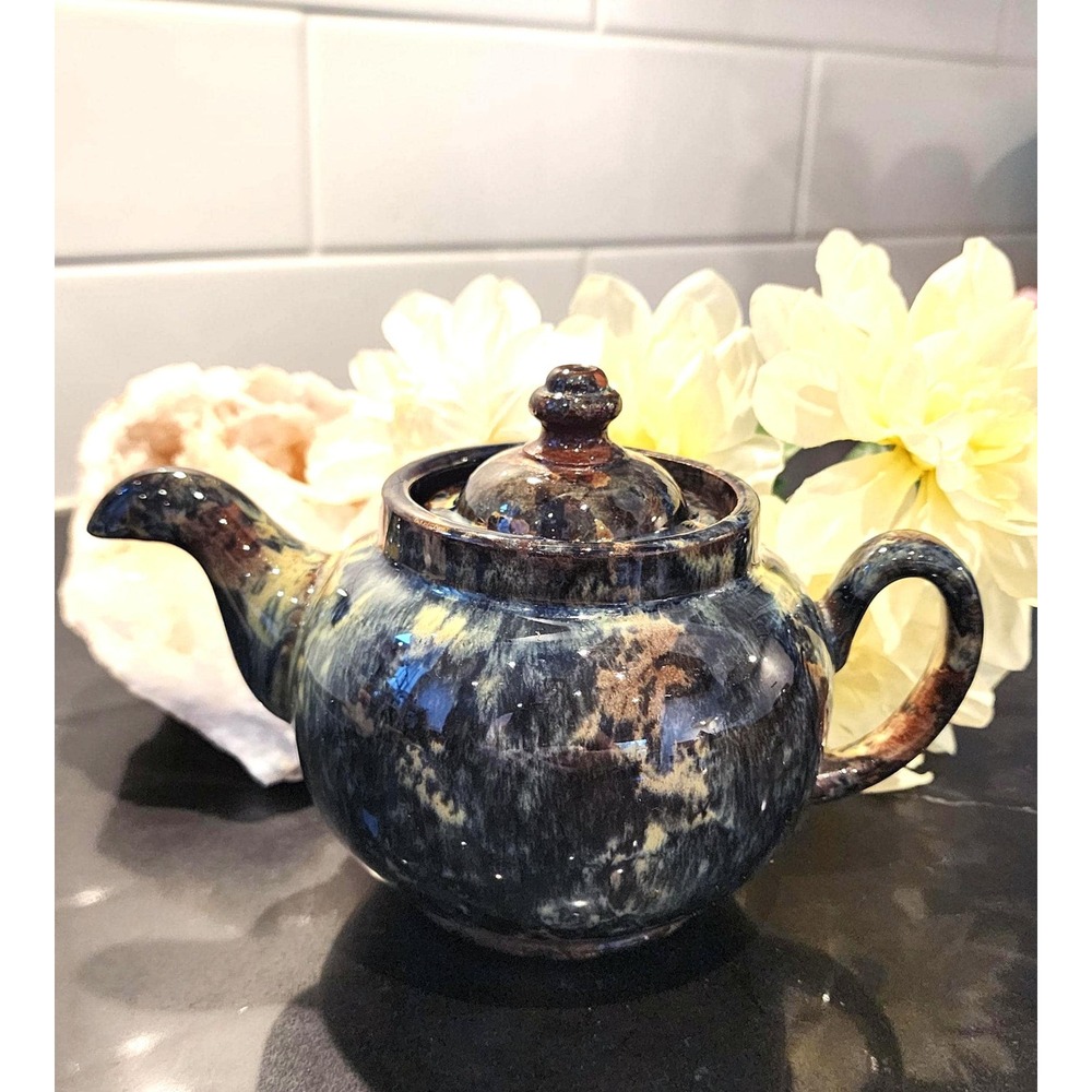 Vintage FBA England Stoneware Teapot Drip Glaze Pottery Navy Blue Brown Cream
